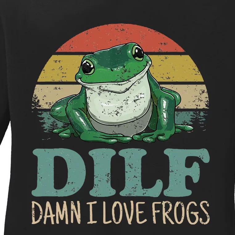 Dilfdamn I Love Frogs Funny Saying Frogamphibian Lovers Ladies Long Sleeve Shirt