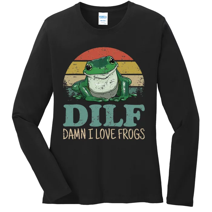 Dilfdamn I Love Frogs Funny Saying Frogamphibian Lovers Ladies Long Sleeve Shirt