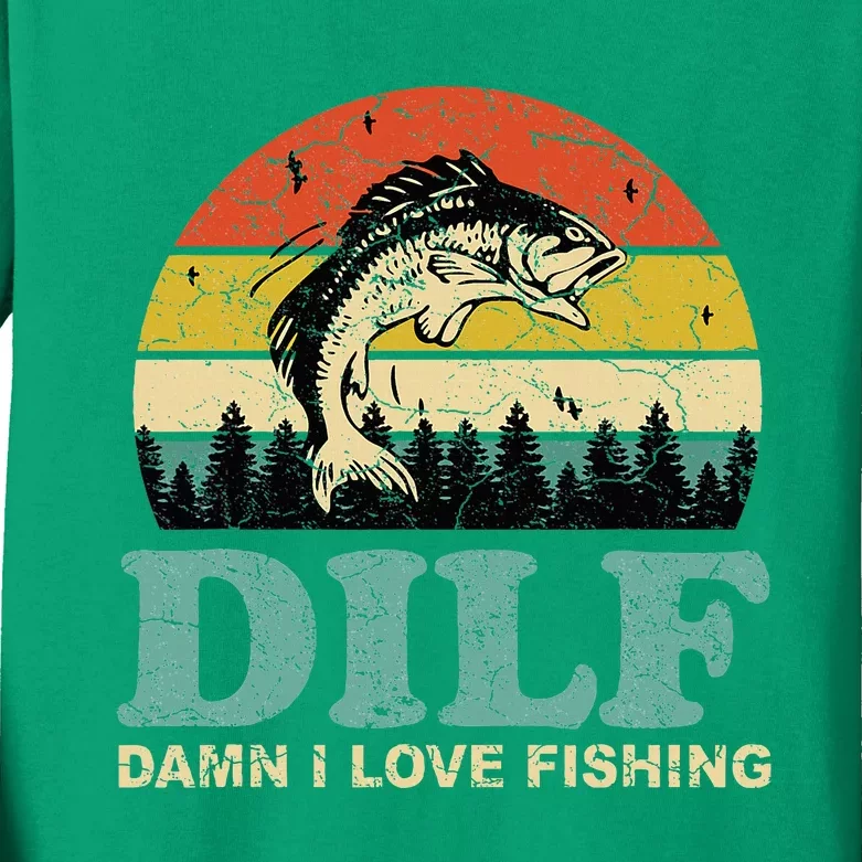 Dilfdamn I Love Fishing Funny Saying Fishermen Kids Long Sleeve Shirt