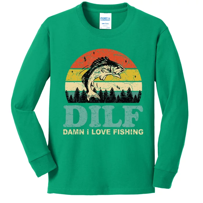 Dilfdamn I Love Fishing Funny Saying Fishermen Kids Long Sleeve Shirt