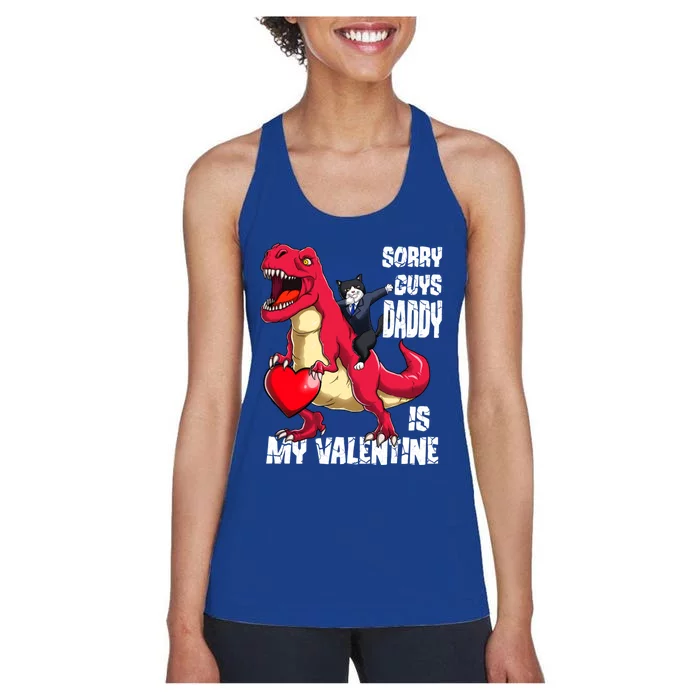 Daddy Is My Valentines Day Cat Riding Dinosaur Gift Women's Racerback Tank