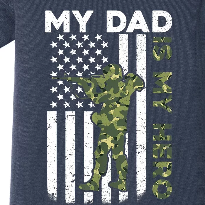 Dad Is My HeroArmy Dad Fathers Day And 4th Of July Funny Baby Bodysuit