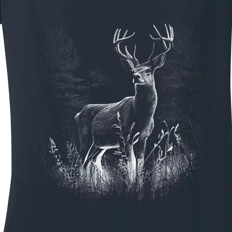 Deer In Nature Realistic Women's V-Neck T-Shirt