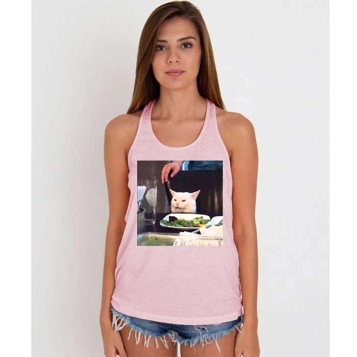 Dinner Table Cat Meme Funny Internet Yelling Women's Knotted Racerback Tank