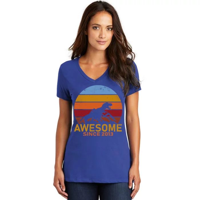 Dinosaur 9th Birthday Gift Awesome Since 2013 Women's V-Neck T-Shirt