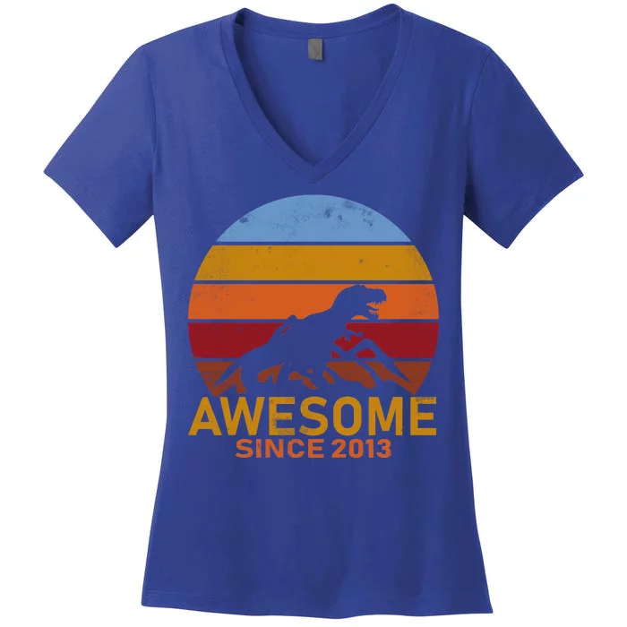 Dinosaur 9th Birthday Gift Awesome Since 2013 Women's V-Neck T-Shirt