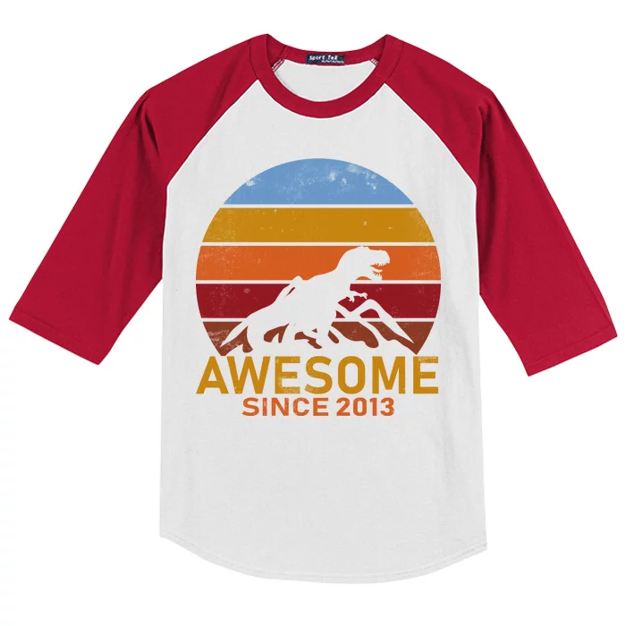 Dinosaur 9th Birthday Gift Awesome Since 2013 Kids Colorblock Raglan Jersey