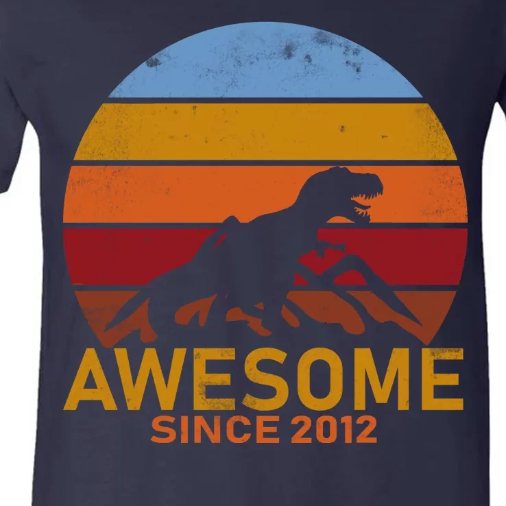 Dinosaur 7th Birthday Gift Awesome Since 2012 V-Neck T-Shirt