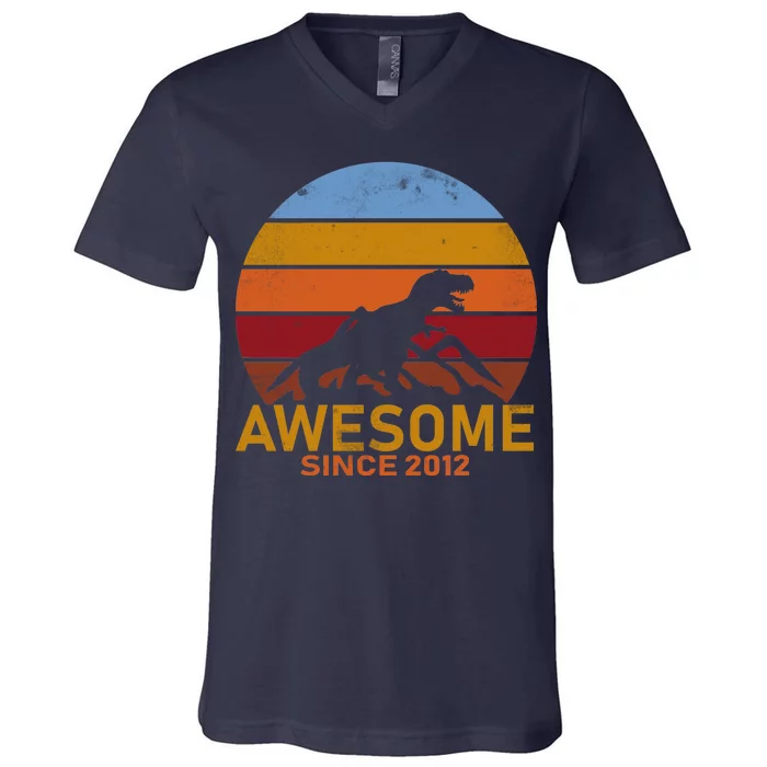 Dinosaur 7th Birthday Gift Awesome Since 2012 V-Neck T-Shirt