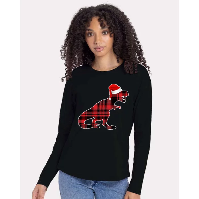 Dinosaur Santa Plaid Womens Cotton Relaxed Long Sleeve T-Shirt