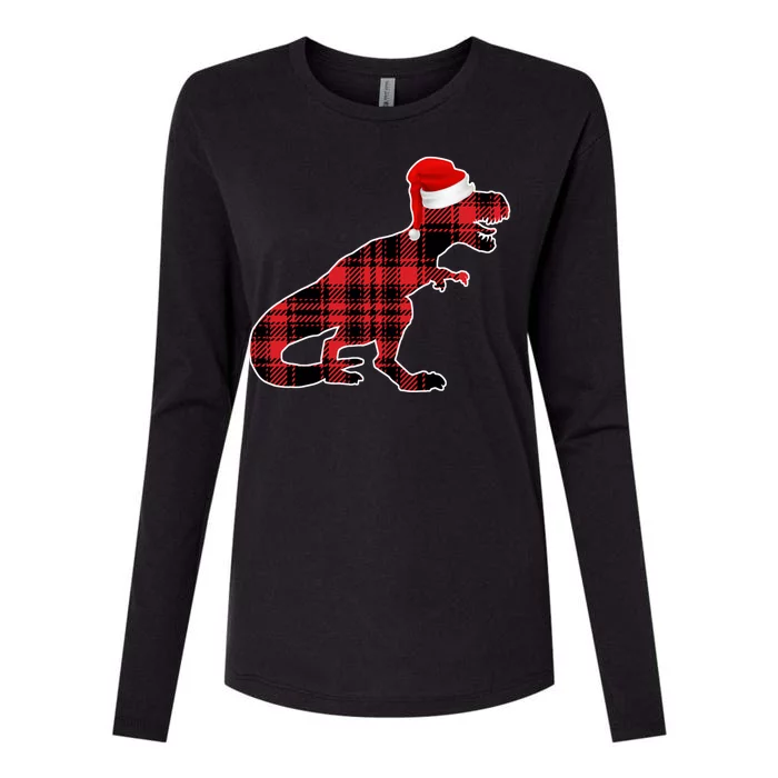 Dinosaur Santa Plaid Womens Cotton Relaxed Long Sleeve T-Shirt