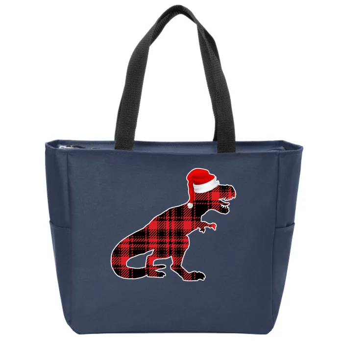 Dinosaur Santa Plaid Zip Tote Bag