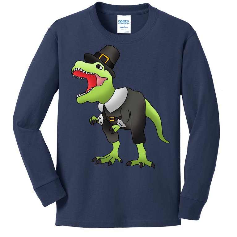 Dinosaur Thanksgiving Pilgrim Kids Long Sleeve Shirt
