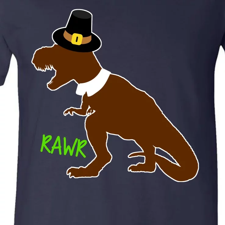 Dinosaur Thanksgiving T-Rex Pilgrim V-Neck T-Shirt