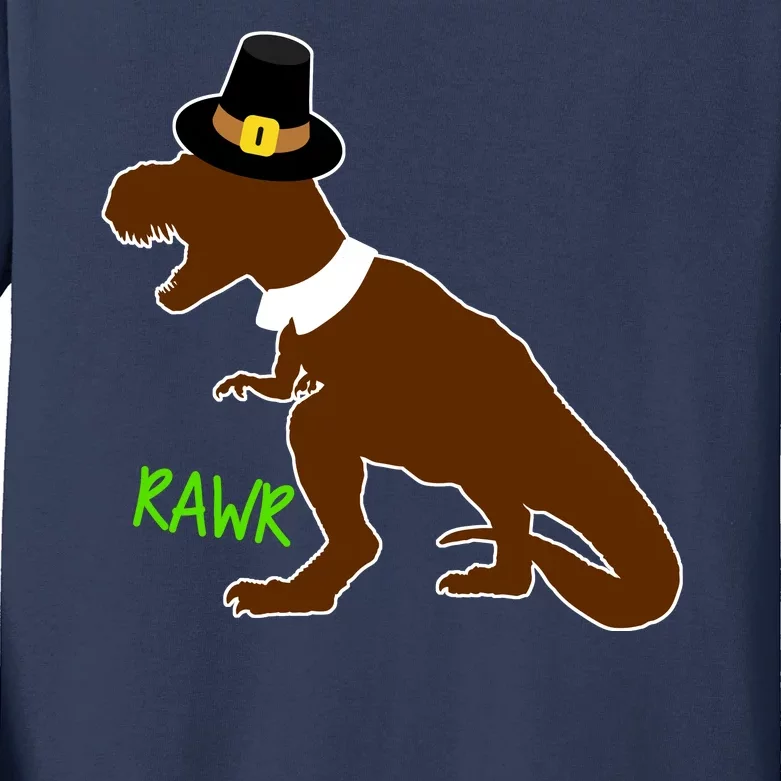 Dinosaur Thanksgiving T-Rex Pilgrim Kids Long Sleeve Shirt