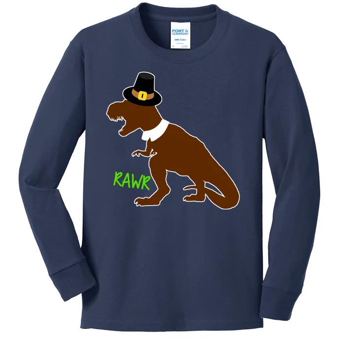 Dinosaur Thanksgiving T-Rex Pilgrim Kids Long Sleeve Shirt