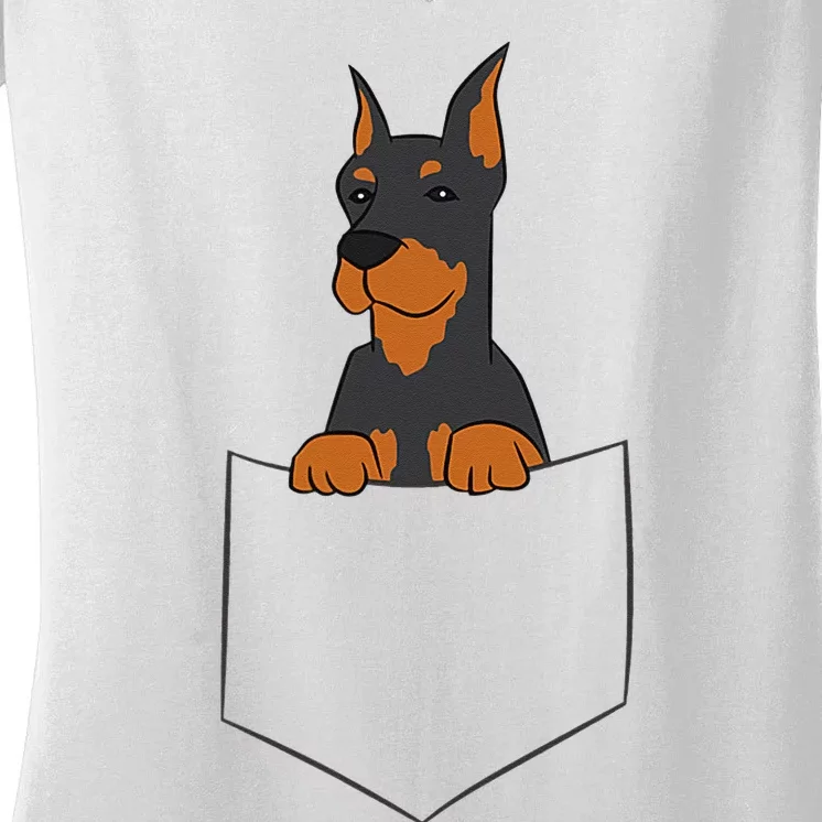 Doberman in Pocket Doberman Pinscher In Pocket Cute Doberman Women's V-Neck T-Shirt