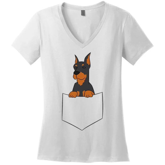 Doberman in Pocket Doberman Pinscher In Pocket Cute Doberman Women's V-Neck T-Shirt