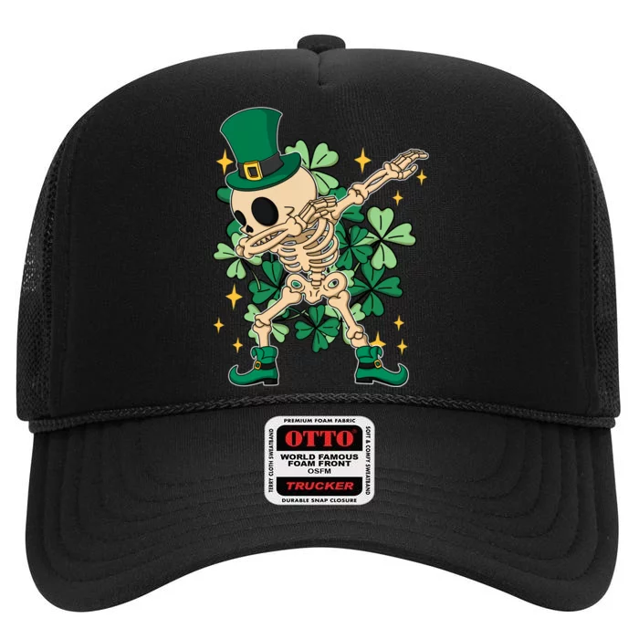 Dabbing Irish Skeleton Clover St Patricks Day High Crown Mesh Trucker Hat