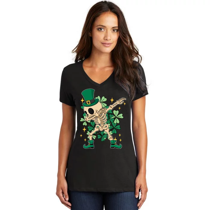 Dabbing Irish Skeleton Clover St Patricks Day Women's V-Neck T-Shirt