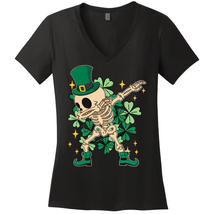 Dabbing Irish Skeleton Clover St Patricks Day Women's V-Neck T-Shirt