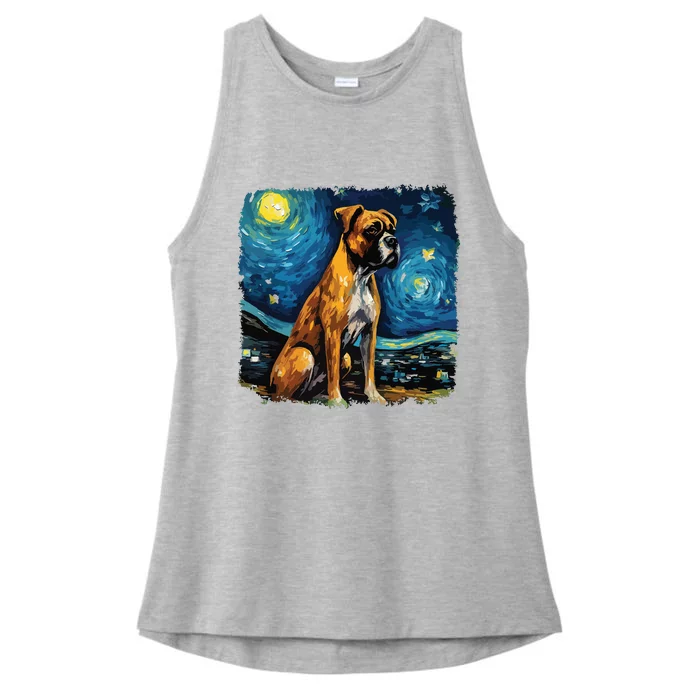 Dog In Starry Night Van Gogh Boxer Ladies Tri-Blend Wicking Tank