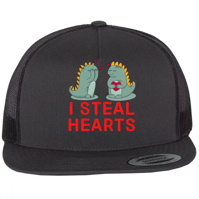 Dinosaur I Steal Hearts Valentines Day Flat Bill Trucker Hat