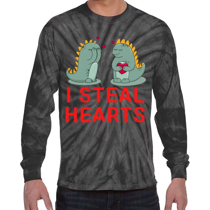 Dinosaur I Steal Hearts Valentines Day Tie-Dye Long Sleeve Shirt