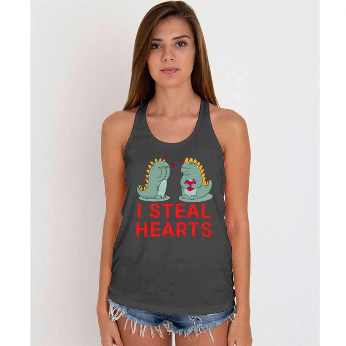 Dinosaur I Steal Hearts Valentines Day Women's Knotted Racerback Tank