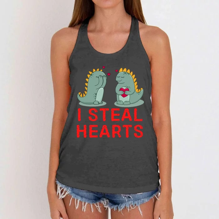 Dinosaur I Steal Hearts Valentines Day Women's Knotted Racerback Tank