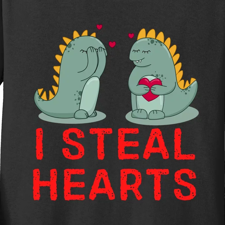 Dinosaur I Steal Hearts Valentines Day Kids Long Sleeve Shirt