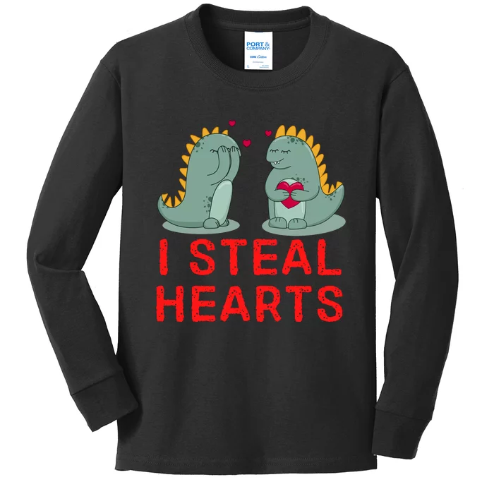 Dinosaur I Steal Hearts Valentines Day Kids Long Sleeve Shirt