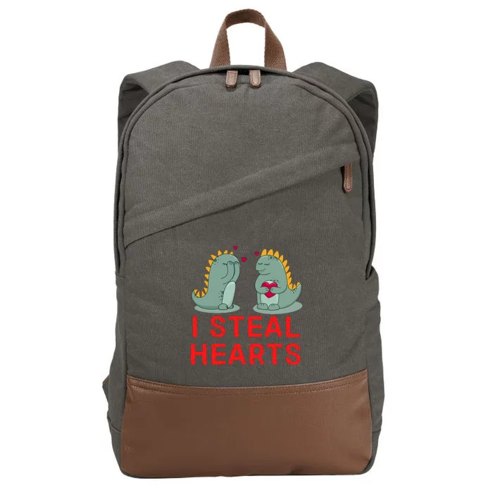 Dinosaur I Steal Hearts Valentines Day Cotton Canvas Backpack