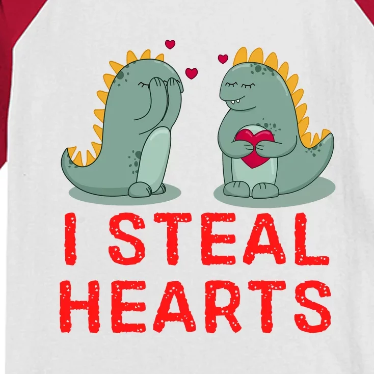 Dinosaur I Steal Hearts Valentines Day Kids Colorblock Raglan Jersey