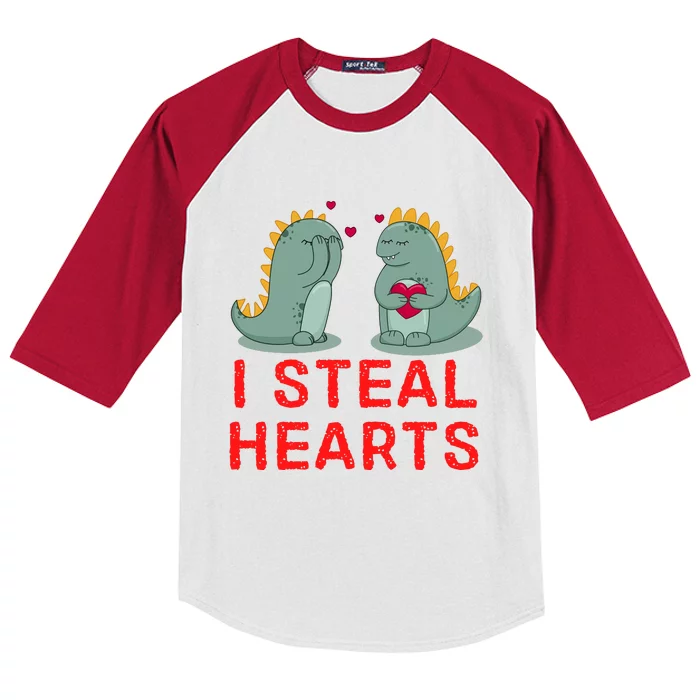 Dinosaur I Steal Hearts Valentines Day Kids Colorblock Raglan Jersey