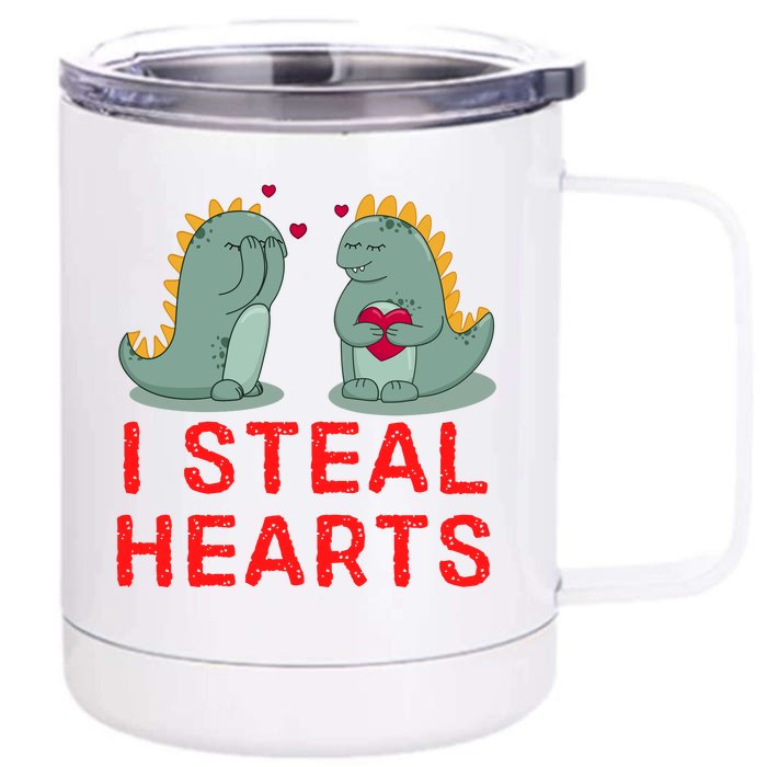 Dinosaur I Steal Hearts Valentines Day Front & Back 12oz Stainless Steel Tumbler Cup