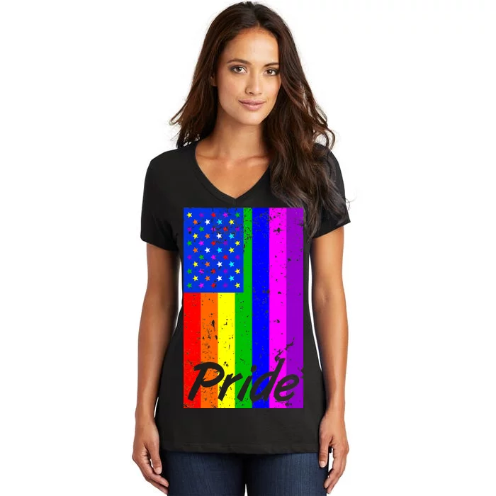 Distress Gay Pride American Flag LGBT Women's V-Neck T-Shirt