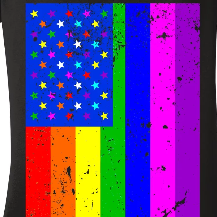 Distress Gay Pride American Flag LGBT Women's V-Neck T-Shirt