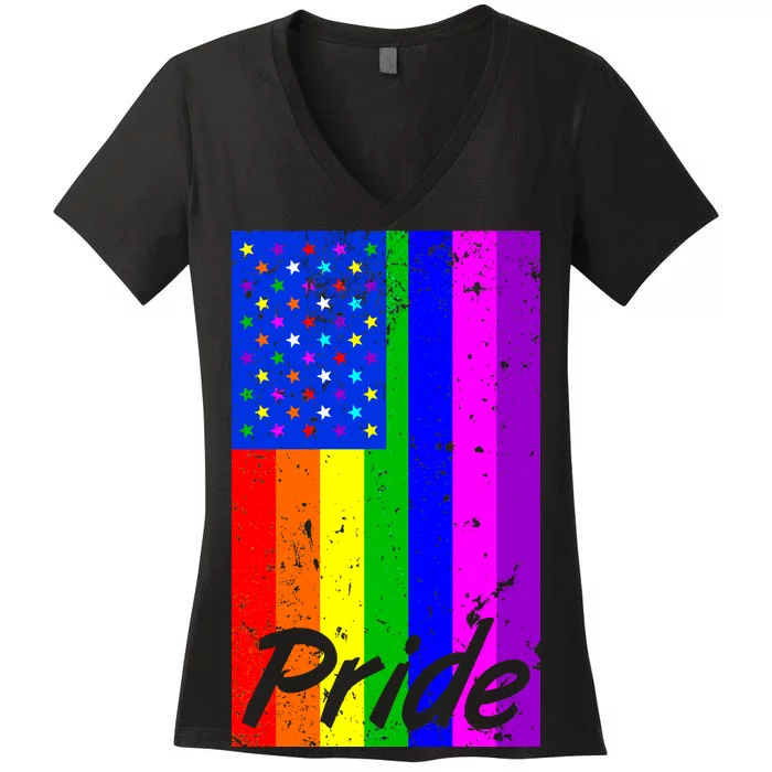 Distress Gay Pride American Flag LGBT Women's V-Neck T-Shirt