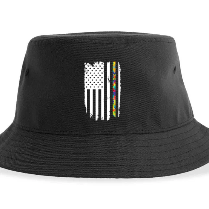 Distress Thin Puzzle Line Autism Awareness Tribute Flag Sustainable Bucket Hat