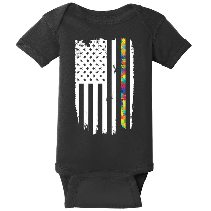 Distress Thin Puzzle Line Autism Awareness Tribute Flag Baby Bodysuit