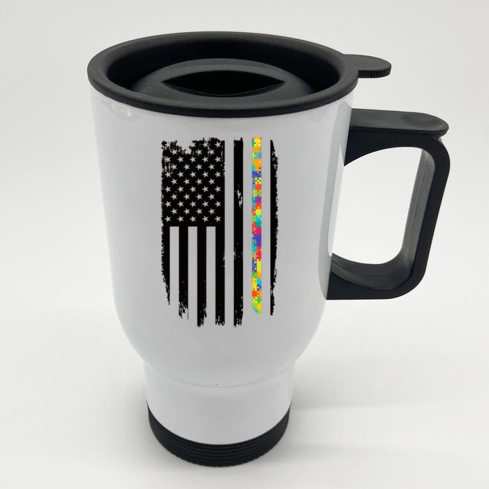 Distress Thin Puzzle Line Autism Awareness Tribute Flag Front & Back Stainless Steel Travel Mug