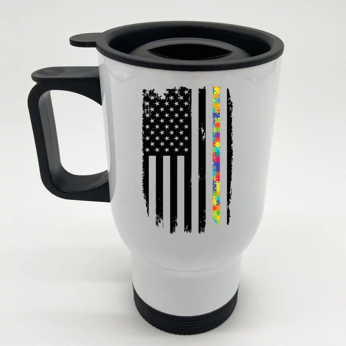 Distress Thin Puzzle Line Autism Awareness Tribute Flag Front & Back Stainless Steel Travel Mug