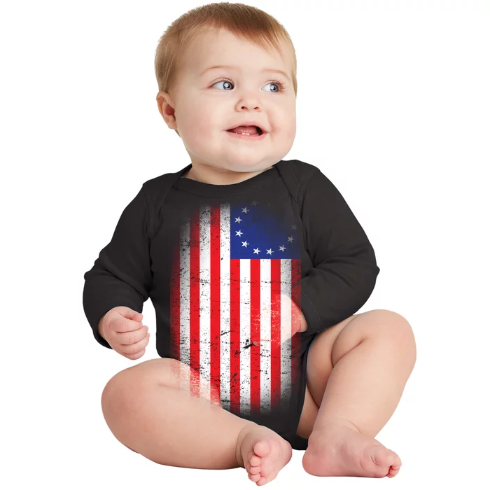 Distressed 13 Colonies Betsy Ross First American Flag Baby Long Sleeve Bodysuit