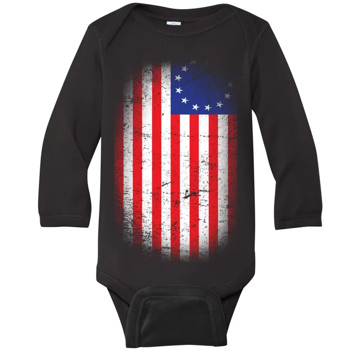 Distressed 13 Colonies Betsy Ross First American Flag Baby Long Sleeve Bodysuit