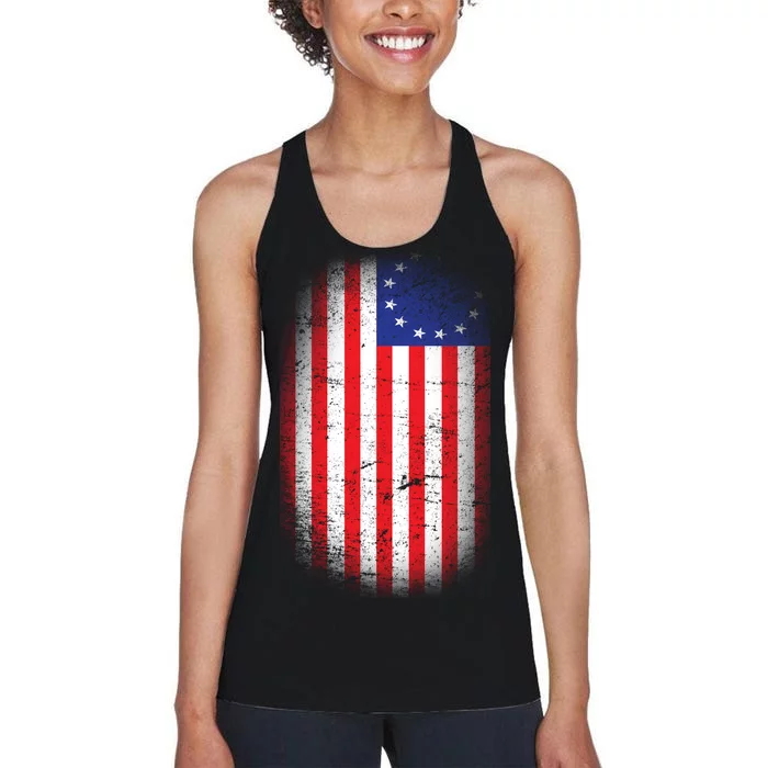 Distressed 13 Colonies Betsy Ross First American Flag Women's Racerback Tank