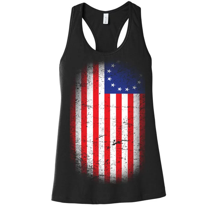 Distressed 13 Colonies Betsy Ross First American Flag Women's Racerback Tank