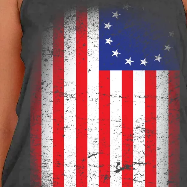 Distressed 13 Colonies Betsy Ross First American Flag Women's Knotted Racerback Tank