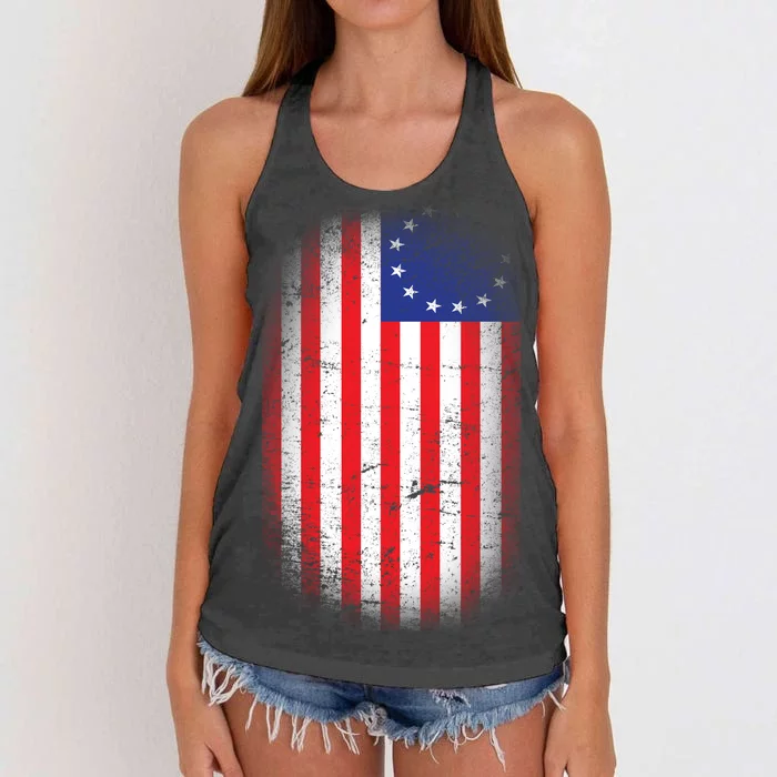 Distressed 13 Colonies Betsy Ross First American Flag Women's Knotted Racerback Tank