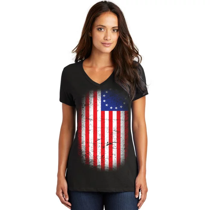 Distressed 13 Colonies Betsy Ross First American Flag Women's V-Neck T-Shirt